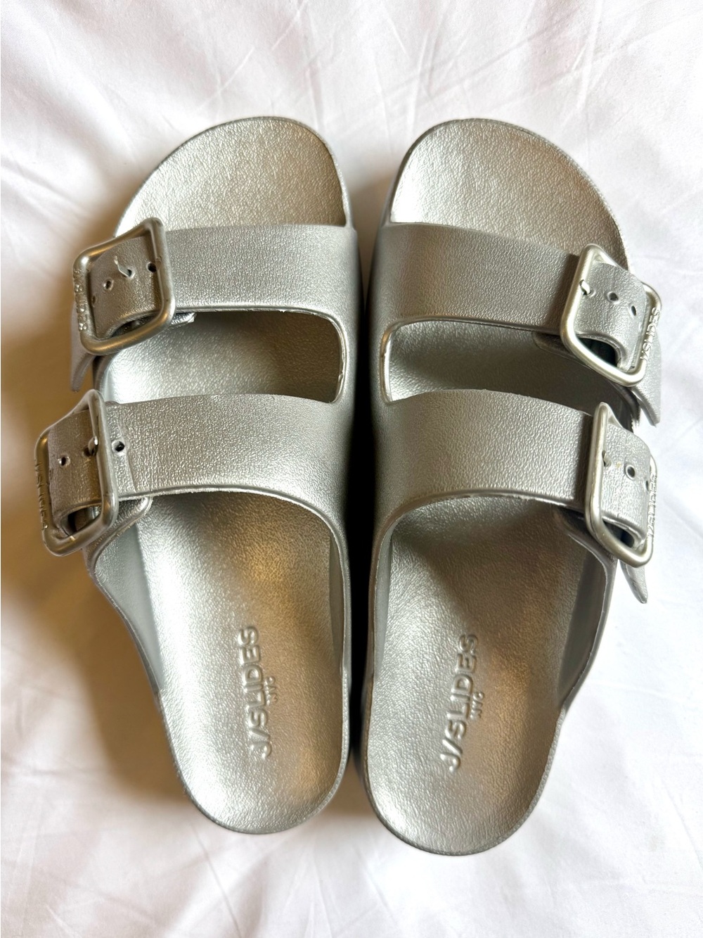 J Slides Metallic Silver Double-Buckle (stacked) Slide Sandals